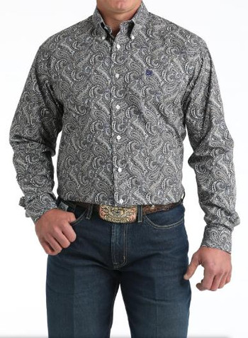 Cinch® Men's L/S Grey/Light Blue Paisley Print Button Shirt