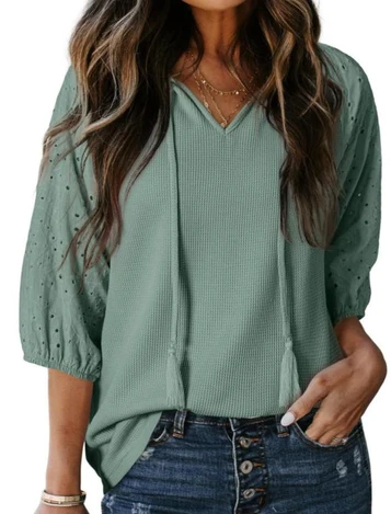 SALE Shoppingwill® Ladies' 3/4 Eyelet Sleeve V-neck Jacquard Waffle Rope Top