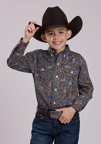 Roper® Boys' L/S Brown/Blue Paisley Print Button Shirt