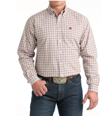 Cinch® Men's L/S White/Burgundy Plaid Button Shirt