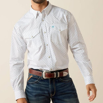 Ariat® Men's L/S White/Blue Geo Print Snap Shirt