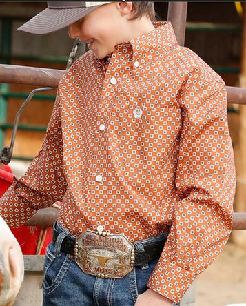 Cinch® Boys' L/S Brown Geo Print Button Shirt