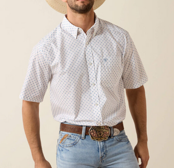 Ariat® Men's S/S White/Blue Medallion Print Tenzin Classic Fit Button Shirt