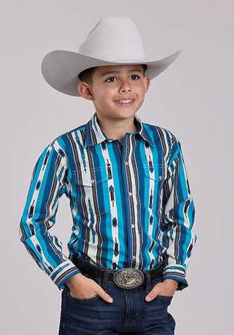 Roper® Boys' L/S Blue Vertical Aztec Stripe Snap Shirt
