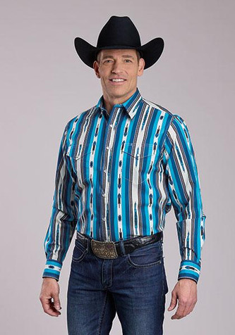Roper® Men's L/S Blue Vertical Aztec Stripe Snap Shirt