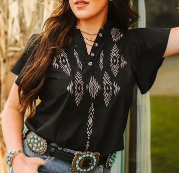 Lucky & Blessed® Ladies' S/S Embroidered Ruffle Shirt - Black or White