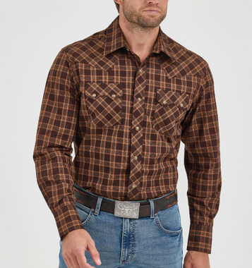 Wrangler Retro® Men's L/S Brown Plaid Modern Fit Snap Shirt