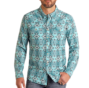 Rock & Roll Denim® Men's L/S Turquoise Aztec Print Snap Shirt