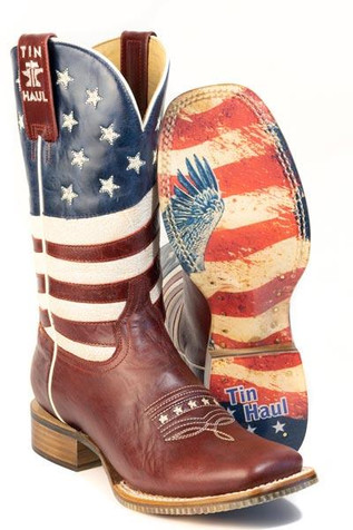 ウエスタンブーツ型 貯金箱 アメリカ国旗デザイン Tin Haul® Men's Brown/American Flag Freedom Square Toe Boots