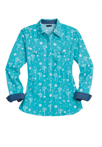 Tin Haul® Ladies' L/S Turquoise Boho Cactus Print Snap Shirt