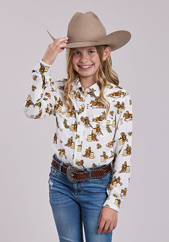 Roper® Girls' L/S White Barrel Racers Print Snap Shirt