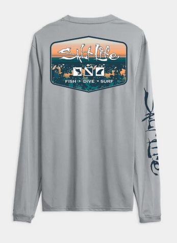 Salt Life® Men's L/S Mist Grey Heather Liquid Depth Badge SLX Performance T-Shirt