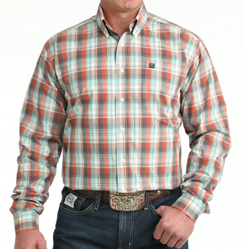 Cinch® Men's L/S Cream/Rust/Turquoise Plaid Button Shirt