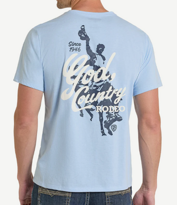 Rock & Roll Denim® Men's S/S Baby Blue God, Country, Rodeo T-Shirt