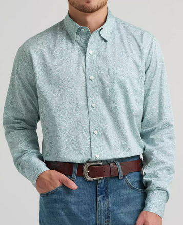 Wrangler® Men's L/S Moss Green/White Paisley Print Button Shirt