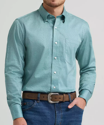 Wrangler® Men's L/S Green Weave Print Button Shirt