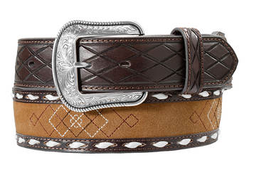 3D® Men's Dark Brown/Tan Roughout Diamond Stitched Tapered Belt
