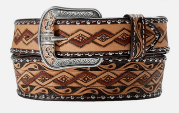 3D® Men's Brown Hand Tooled Sunburst/Nailhead Leather Belt