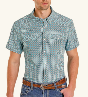 Panhandle Slim® Men's S/S Turquoise Medallion Print Performance Snap Shirt
