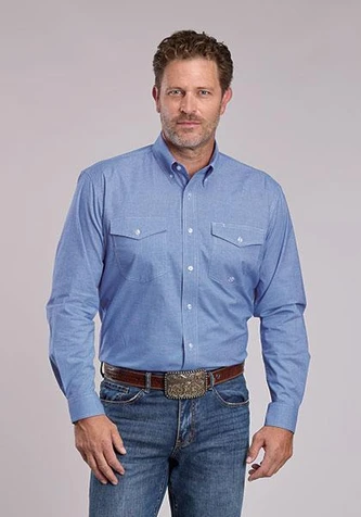 Roper® Men's L/S Blue Mini-Check Poplin Button Shirt