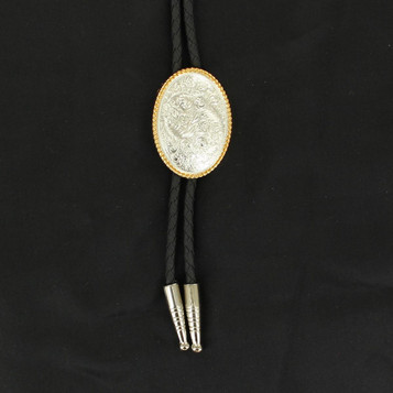 Double S® Engraved Silver Oval Gold Rope Edge Bolo Tie