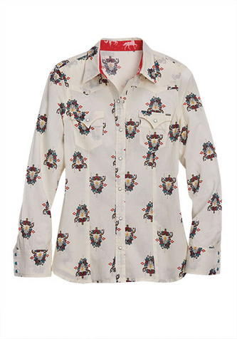 Tin Haul® Ladies' L/S Cream Aztec Longhorn Print Snap Shirt