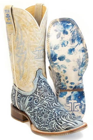 Tin Haul® Ladies' Blue/Ivory Tooled Charmcut Floral Tooled Square Toe Boots