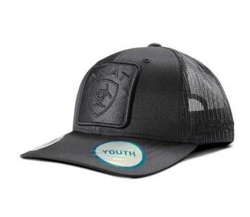 Ariat® Youth All Black Woven Logo Patch Snapback Cap