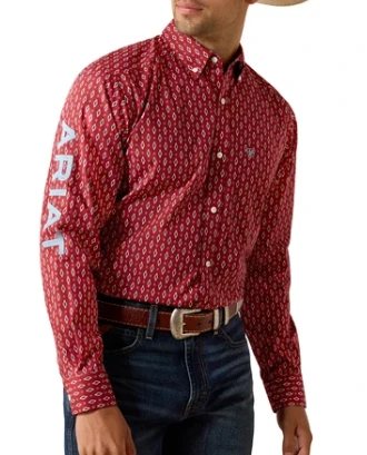 Ariat® Men's L/S Red/Blue Aztec Print Team Logo Fitted Button Shirt
