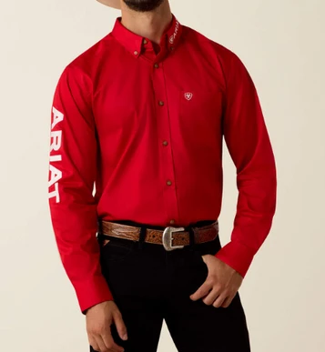 Ariat® Men's L/S Tango Red/White Team Logo Lightweight Twill Fitted Button Shirt