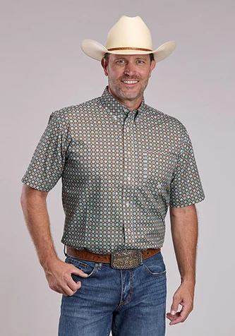 Roper® Men's S/S Brown/Teal Geo Print Button Shirt