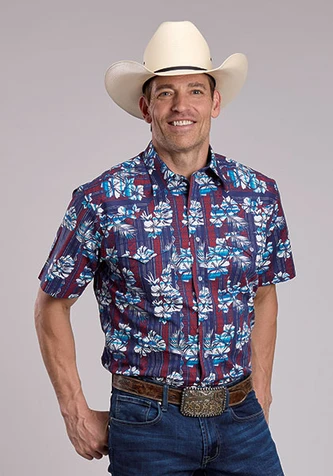 Roper® Men's S/S Blue/Red Tropical Aztec Print Snap Shirt
