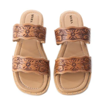 Myra® Ladies' Brown Sante Fe Daisy Leather Two-Strap Sandals