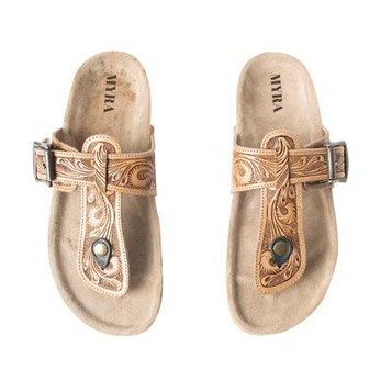Myra® Ladies' Brown Balinda Ridge Tooled T-Strap Sandals