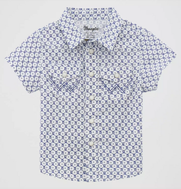 Wrangler® Boys' S/S Blue/White Circle Geo Print Snap Shirt