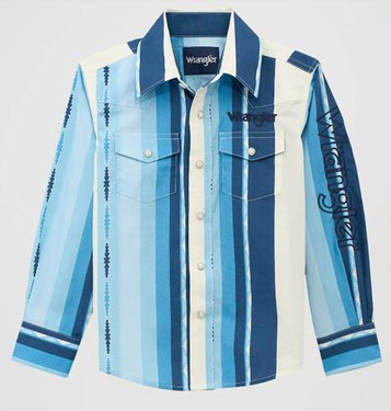 Wrangler® Boys' L/S Blue Clouds Brush Popper Snap Shirt