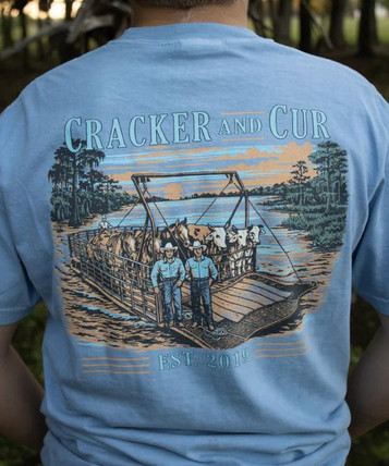 Cracker and Cur® Men's S/S Washed Denim Blue Cattle Barge Pocket T-Shirt