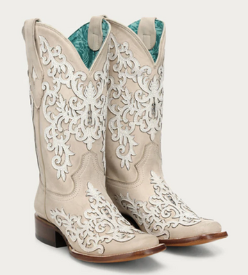 Corral® Ladies' Bone Overlay/Embroidery/Studs  Square Toe Boots