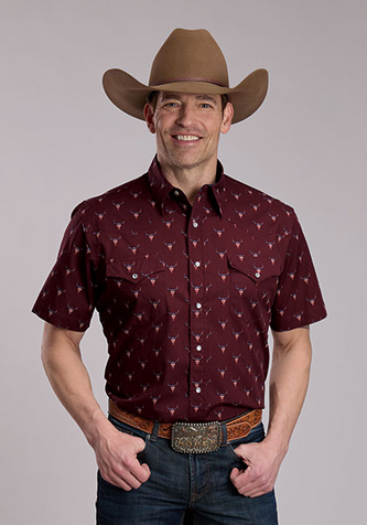 Roper® Men's S/S Wine Americana Skull Print Snap Shirt