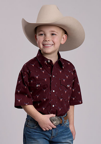 Roper® Boy's S/S Wine Americana Skull Snap Shirt
