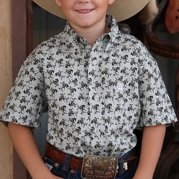 Cinch® Boys' S/S Grey Bronc Print Button Shirt