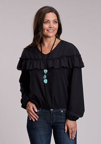Roper® Ladies' L/S Black Crepe V-Neck Ruffle Blouse