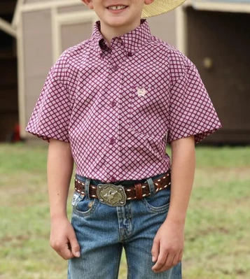 Cinch® Boys' S/S Plum/Peach Diamond Print Button Shirt
