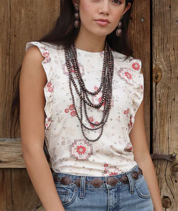 Cruel Denim® Ladies' Sleeveless/Ruffle Cream Print Tank