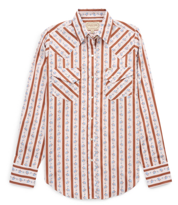 Ely Cattleman® Ladies' L/S Cowboygirl Ranch Rig Rust Rose Stripe Print Granddaddy Snap Shirt