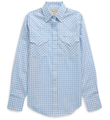 Ely Cattleman® Ladies' L/S First Light Ride Blue Gingham Granddaddy Snap Shirt