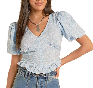 Rock & Roll Denim® Ladies' S/S Cerulean Blue Floral Smocked Peplum Top