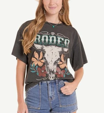 Rock & Roll Denim® Ladies' S/S Charcoal Longhorn Rodeo Oversized T-Shirt