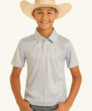 Panhandle Slim® Boys' S/S Blue/White Geo Print Snap Polo Shirt