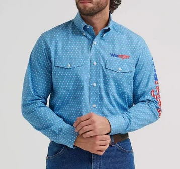 Wrangler® Men's L/S Blue Americana Print Logo Button Shirt